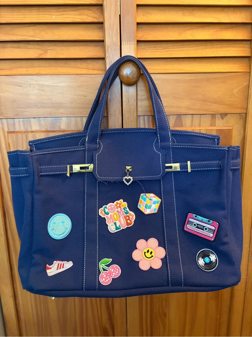 Canvas Tote Bag with Decorative Patches - Navy